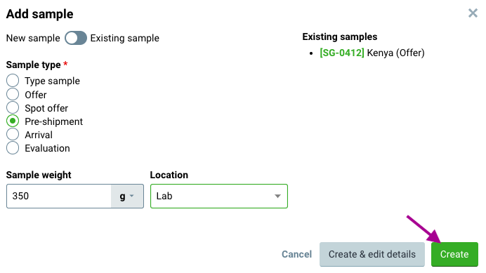 Select the sample type in Cropster