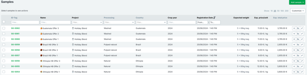 Cropster's Sample Management tool